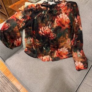 Red and Orange Puff Sleeve Tie Front Blouse